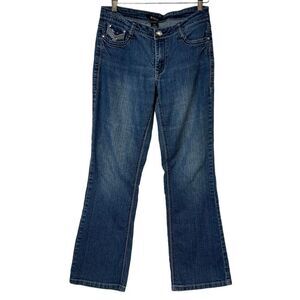 Roz‎ & Ali Jeans Blue Denim Petite Size 6 Sequins Beaded Stretch Low Rise BOHO